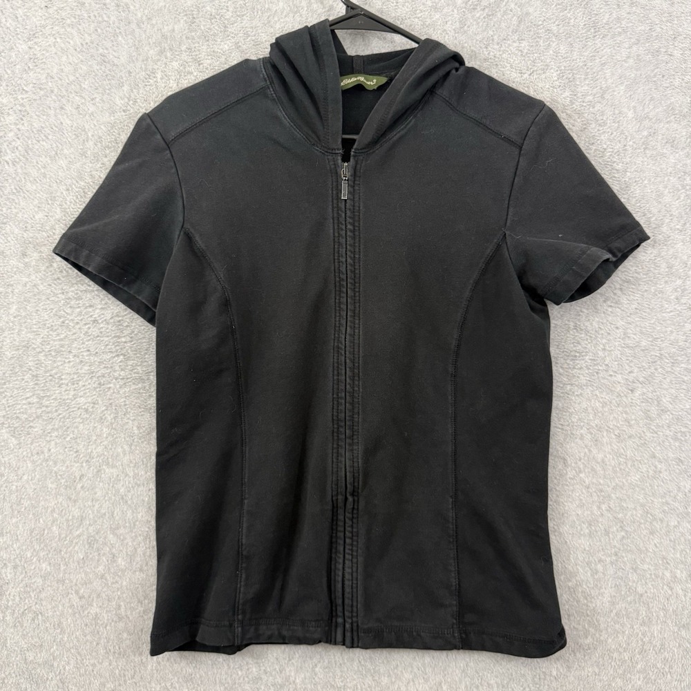 Eddie Bauer Shirt Women Medium Black Full Zip Hooded Top Short Sleeve Camp Hike